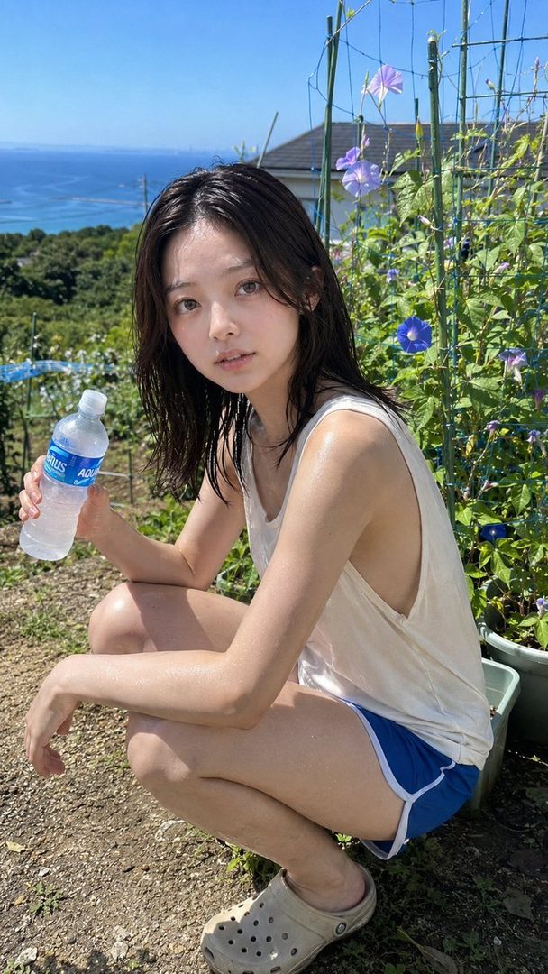 A young woman with dark hair, wearing a white tank top and blue shorts, crouches outdoors holding a bottle of water, with morning glories and the ocean in the background.