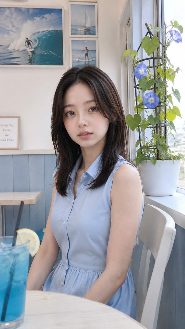 A young woman with long brown hair wears a light blue sleeveless dress while sitting at a table in a cafe, with a blue drink and morning glory flowers visible.