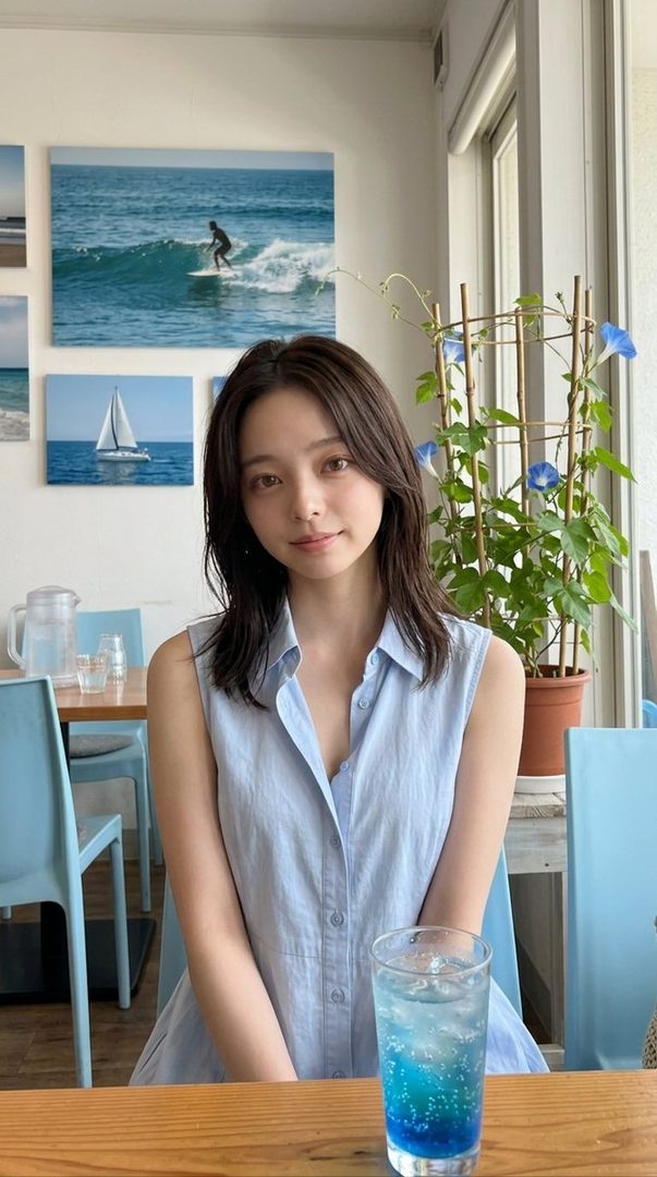 A young woman with long brown hair wearing a light blue sleeveless top sits at a cafe table with a blue drink, looking at the camera.