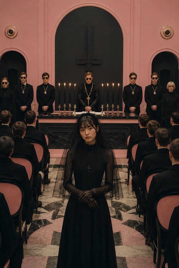 A woman in a black dress and veil stands in a pink and black room with an inverted cross, surrounded by people in black suits and sunglasses.