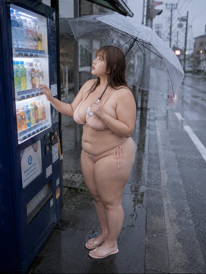 A curvy woman in a light pink bikini stands under a clear umbrella next to a vending machine on a rainy street.