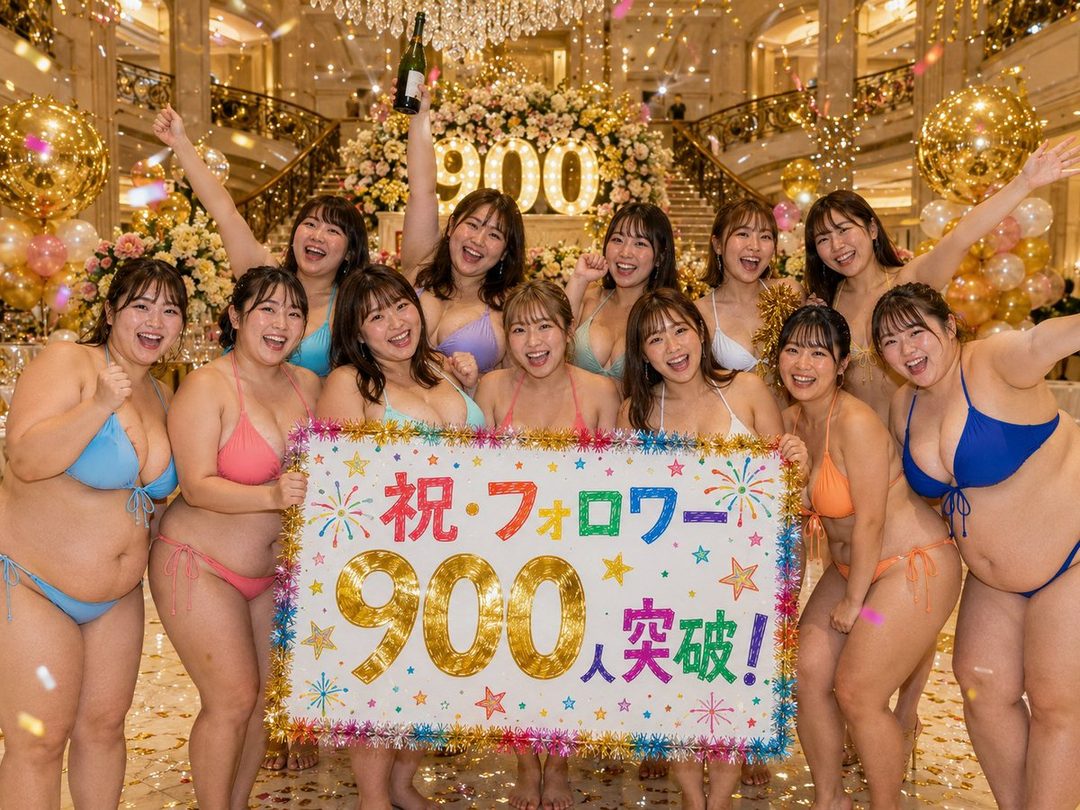 A group of smiling Japanese women in colorful bikinis celebrate a milestone in a luxurious indoor setting with balloons and confetti.