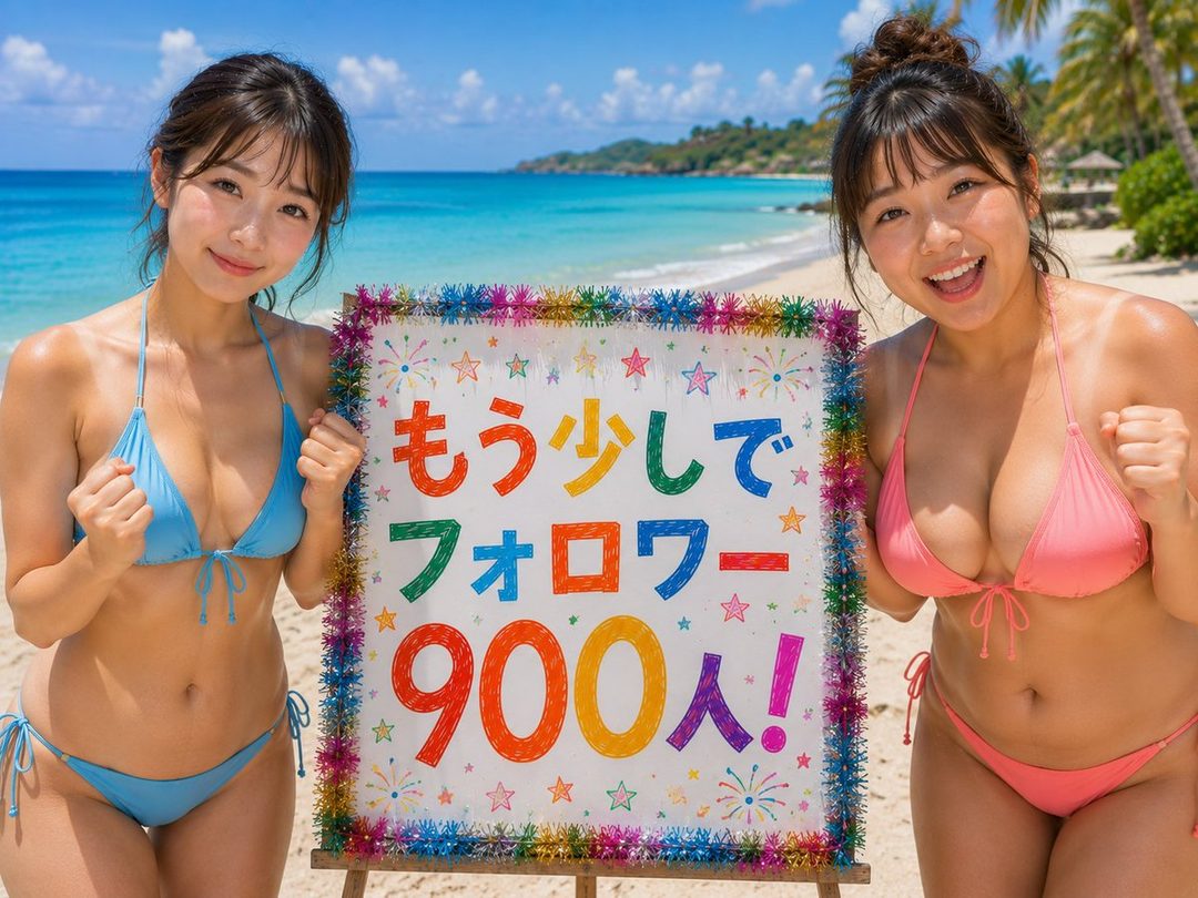 Two young women in bikinis pose cheerfully on a sunny beach next to a sign with Japanese text.