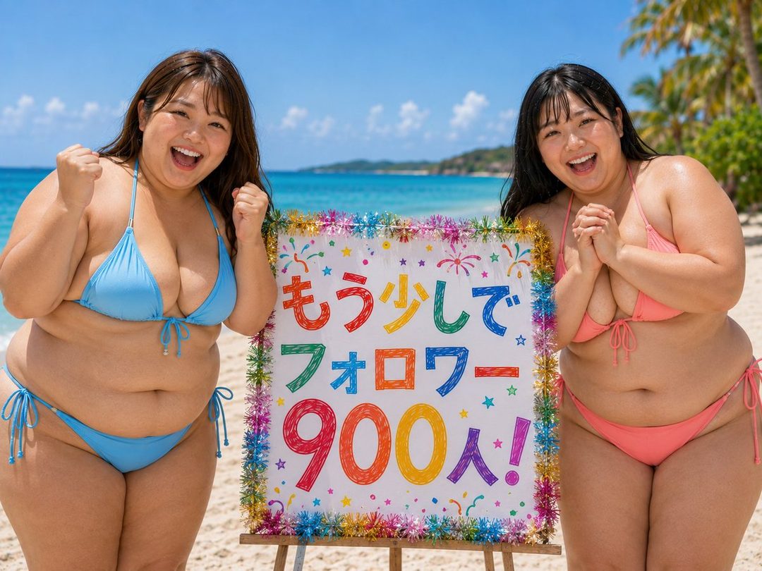 Two smiling plus-size women in bikinis pose on a sunny beach next to a colorful sign.