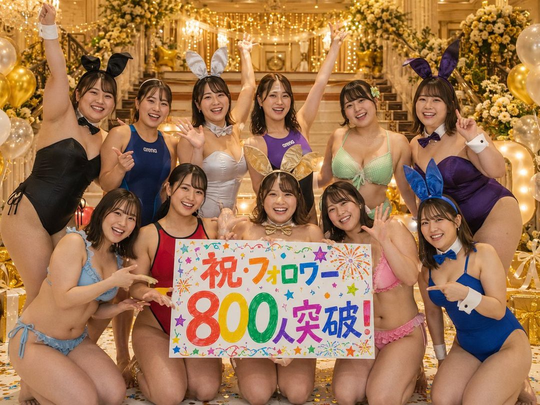 Ten Japanese women in various swimsuits and bunny ears celebrate a milestone with a colorful sign in a festive indoor setting.