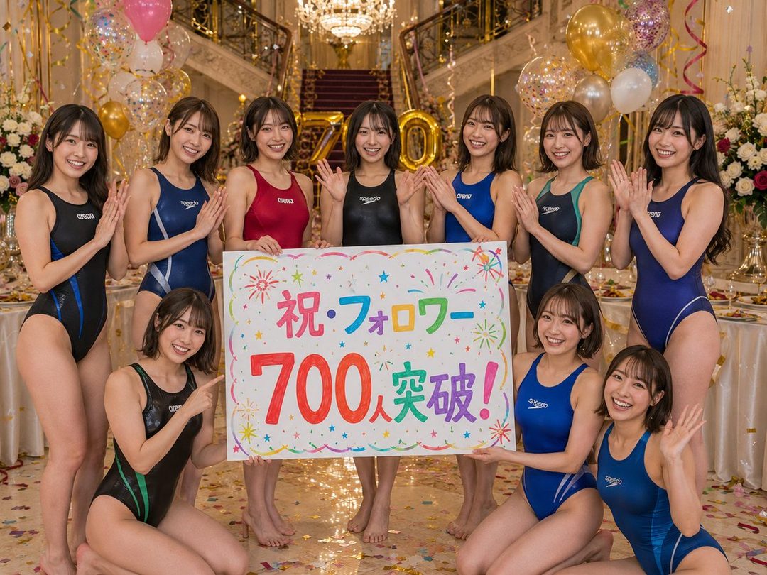 Ten young women in various colored one-piece swimsuits pose in a luxurious indoor setting with balloons and a celebratory sign.