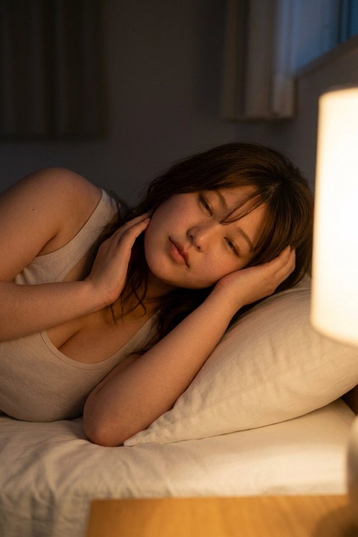 A photorealistic portrait of a woman with brown hair sleeping peacefully in a dimly lit bedroom, wearing a light-colored tank top.