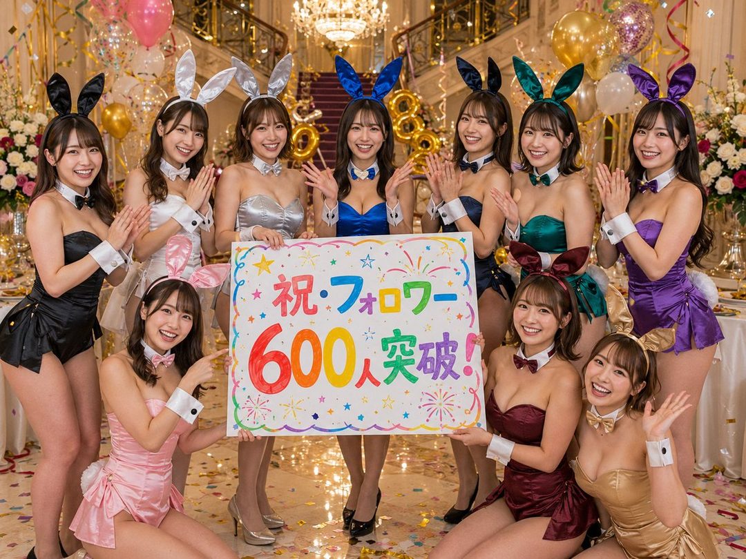 Ten women in colorful bunny girl outfits pose with a sign celebrating 600 followers in a luxurious indoor setting.