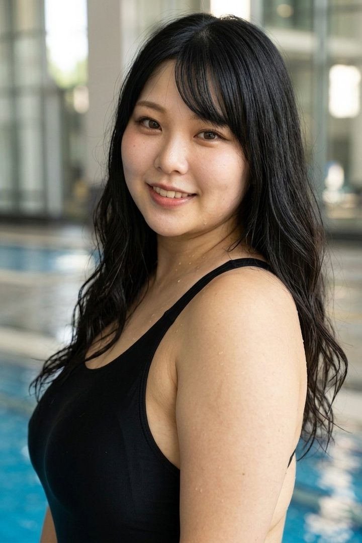 A smiling East Asian woman with long black hair in a black swimsuit stands by a swimming pool.