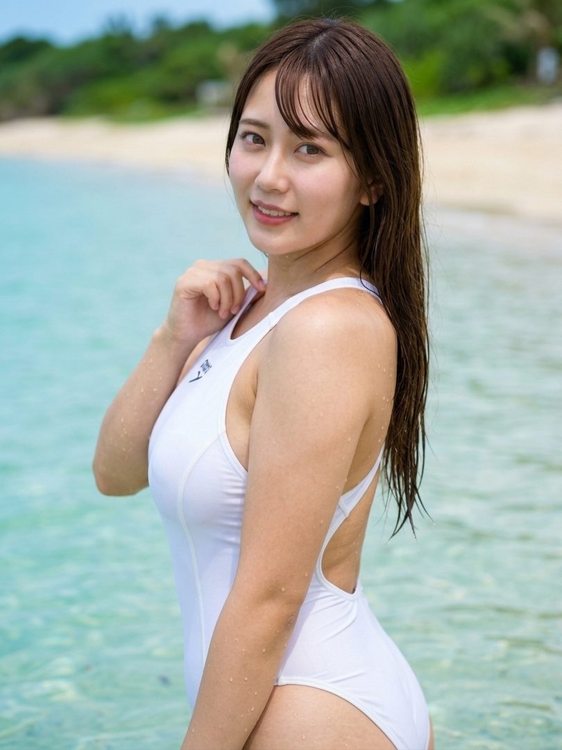 A young woman with long brown hair stands in clear blue water at a beach, wearing a white one-piece swimsuit and looking at the camera.