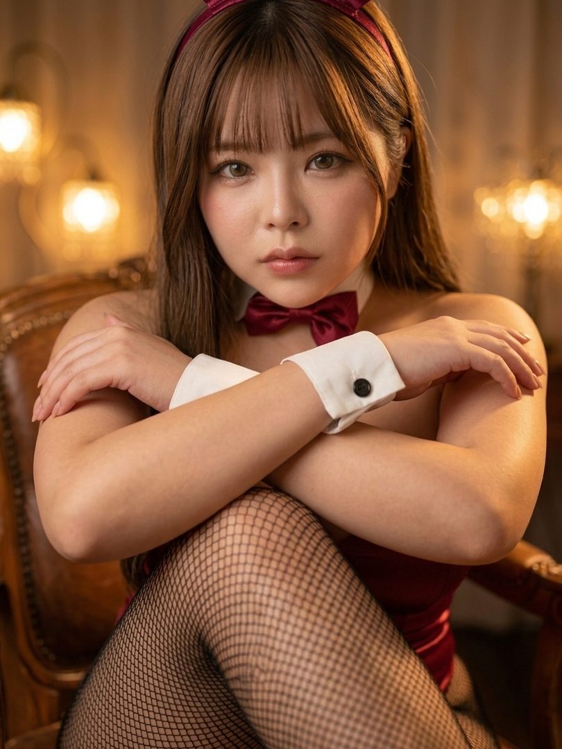 A woman with long brown hair and bangs, wearing a red bunny costume with a bow tie and fishnet stockings, sits in a chair indoors.
