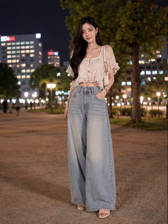 A young woman with long dark hair stands in a city park at night, wearing a white lace crop top and wide-leg jeans.