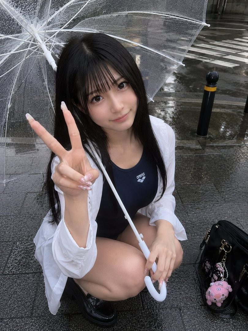 A young woman in a swimsuit and white shirt crouches on a wet street, holding a clear umbrella and making a peace sign.