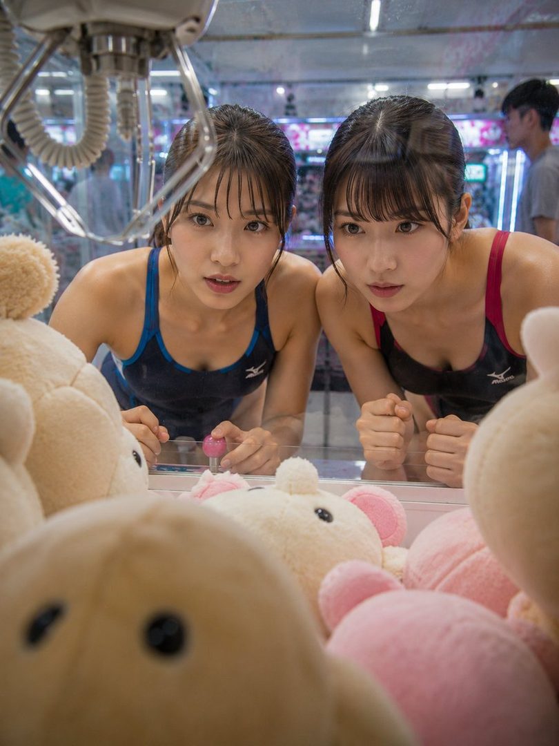 Two young women in swimsuits are intently looking into a claw machine filled with plush toys.