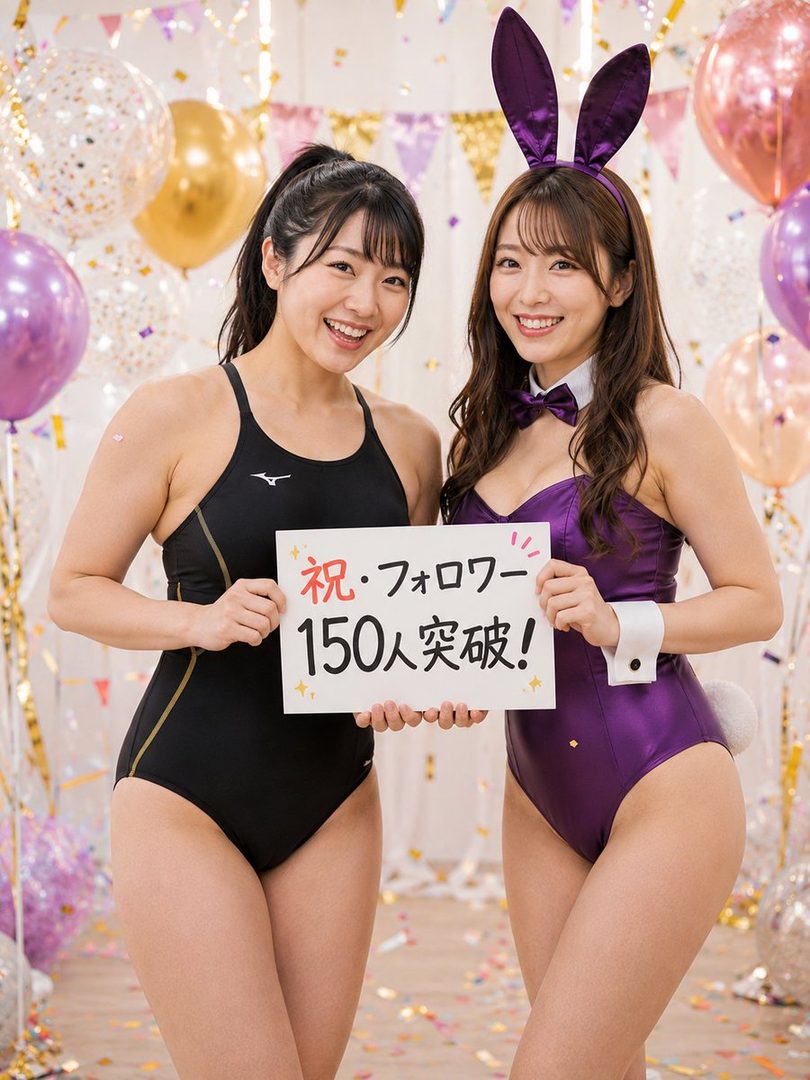 Two smiling Japanese women, one in a black swimsuit and the other in a purple bunny suit, hold a sign celebrating 150 followers amidst balloons and confetti.