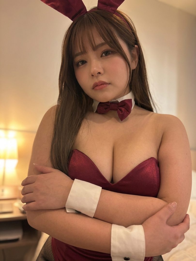 A woman in a red bunny girl outfit with bunny ears and a bow tie poses indoors.