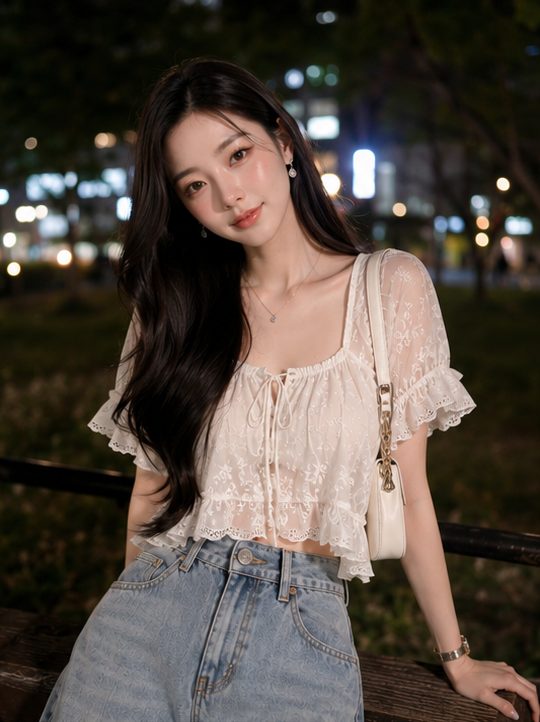 A young woman with long dark hair wears a white lace crop top and jeans, posing at night with city lights blurred in the background.