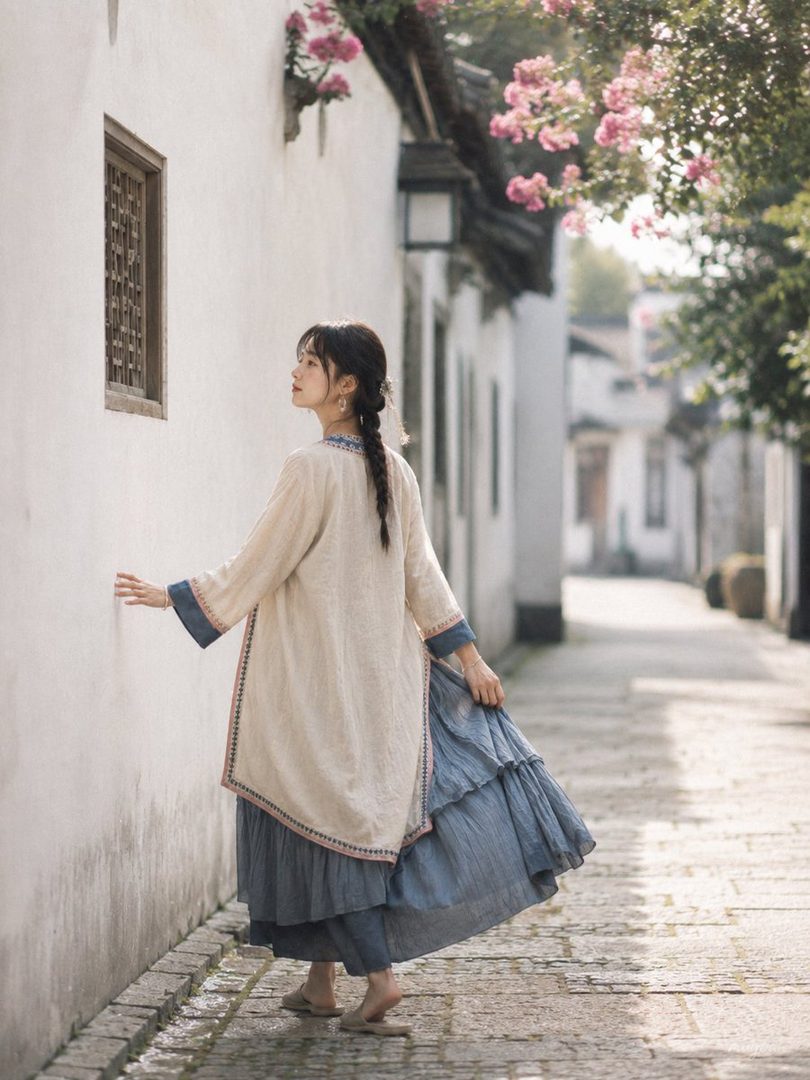 A young woman with a braided hairstyle, wearing a long light-colored top and a blue skirt, walks along a narrow street with white walls and pink flowers.