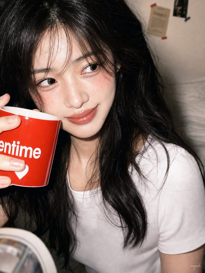 A young woman with long black hair and a white t-shirt holds a red mug, looking away with a soft smile.