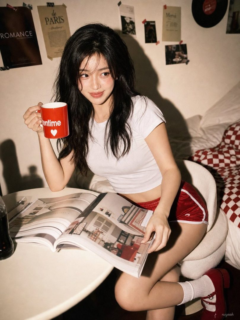 A young woman with long black hair, wearing a white crop top and red shorts, sits at a table with a red mug and a magazine.