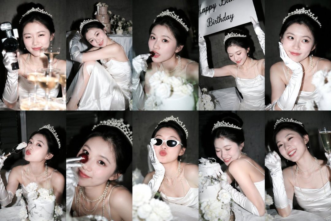 A young woman in a white dress and tiara poses in a collage of birthday celebration photos.