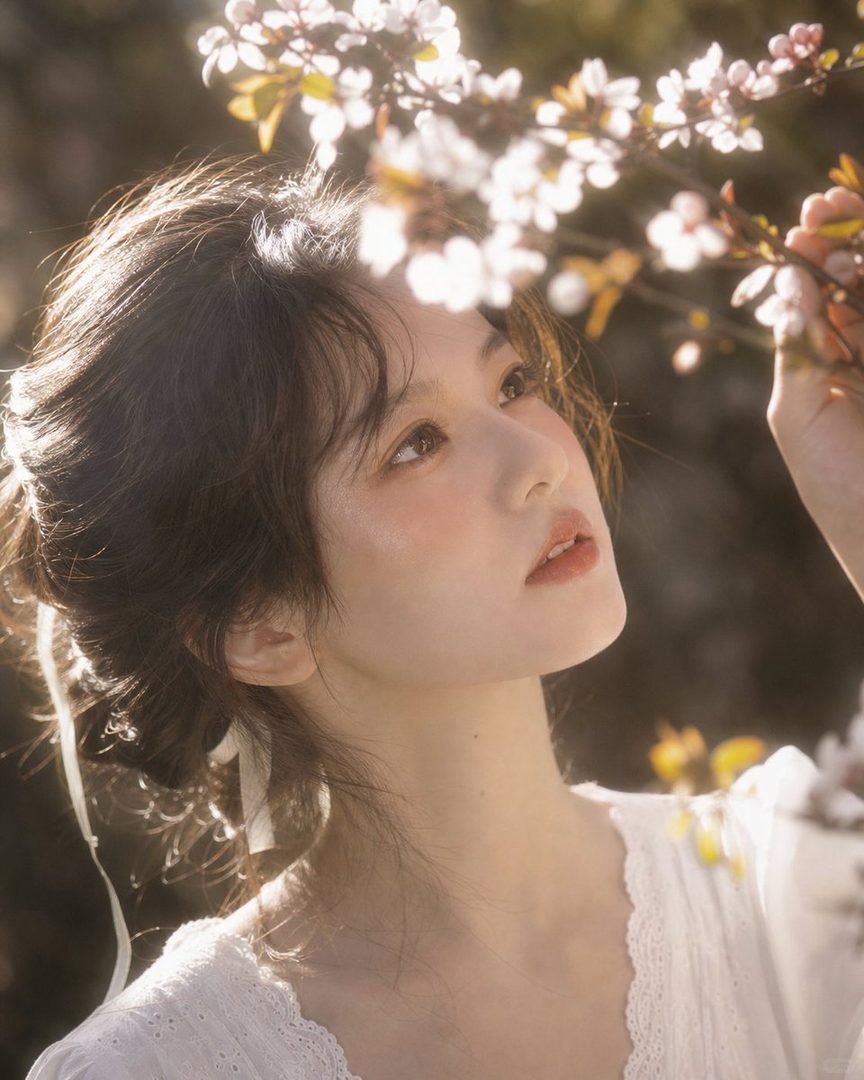 A beautiful East Asian woman with brown hair looks up at cherry blossoms in a dreamy outdoor portrait.