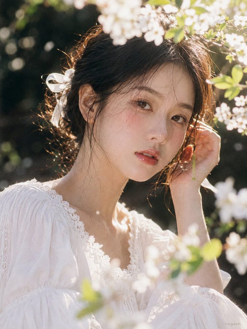 A photorealistic portrait of a young East Asian woman with brown hair, wearing a white dress, surrounded by white blossoms in soft sunlight.