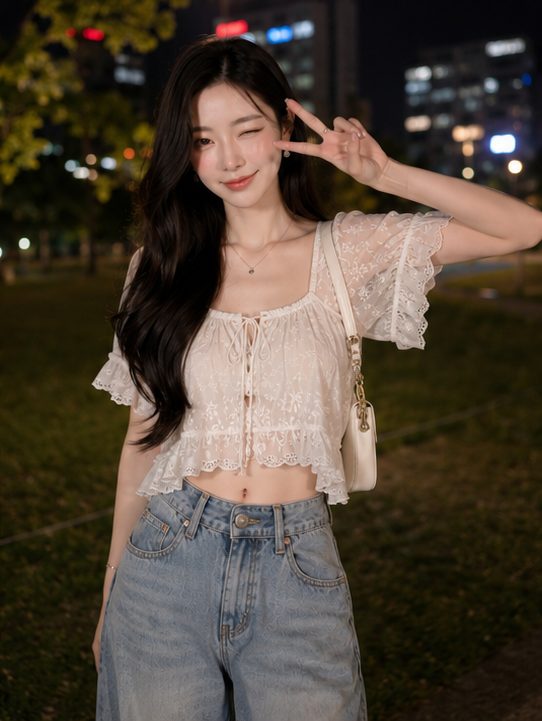 A young woman with long dark hair winks and makes a peace sign while wearing a white lace crop top and jeans in an urban park at night.