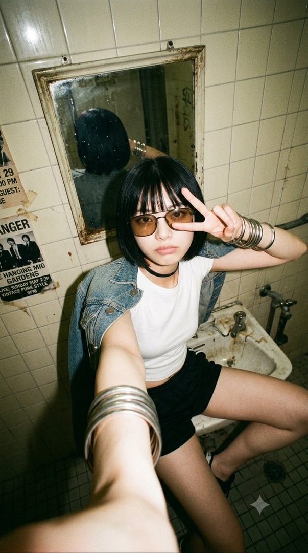 A young woman with short black hair and sunglasses takes a selfie in a grungy bathroom, making a peace sign.