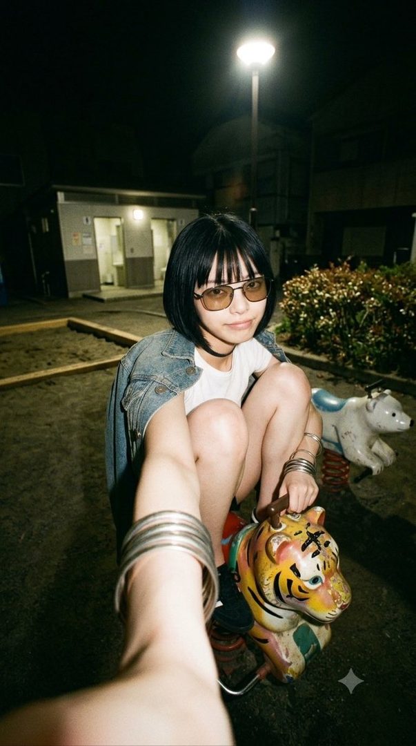 A young woman with short black hair and sunglasses sits on a tiger-shaped spring rider in a dimly lit park at night, looking towards the camera.