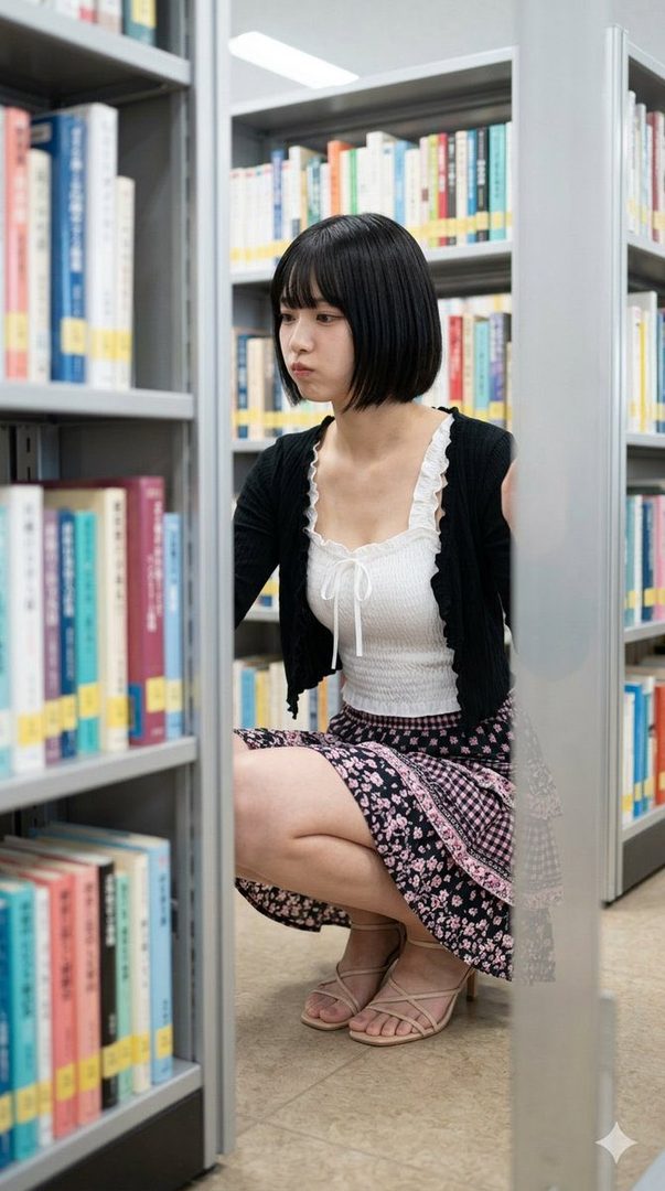 A young woman with short black hair and bangs crouches in a library aisle, looking intently at books on a shelf.