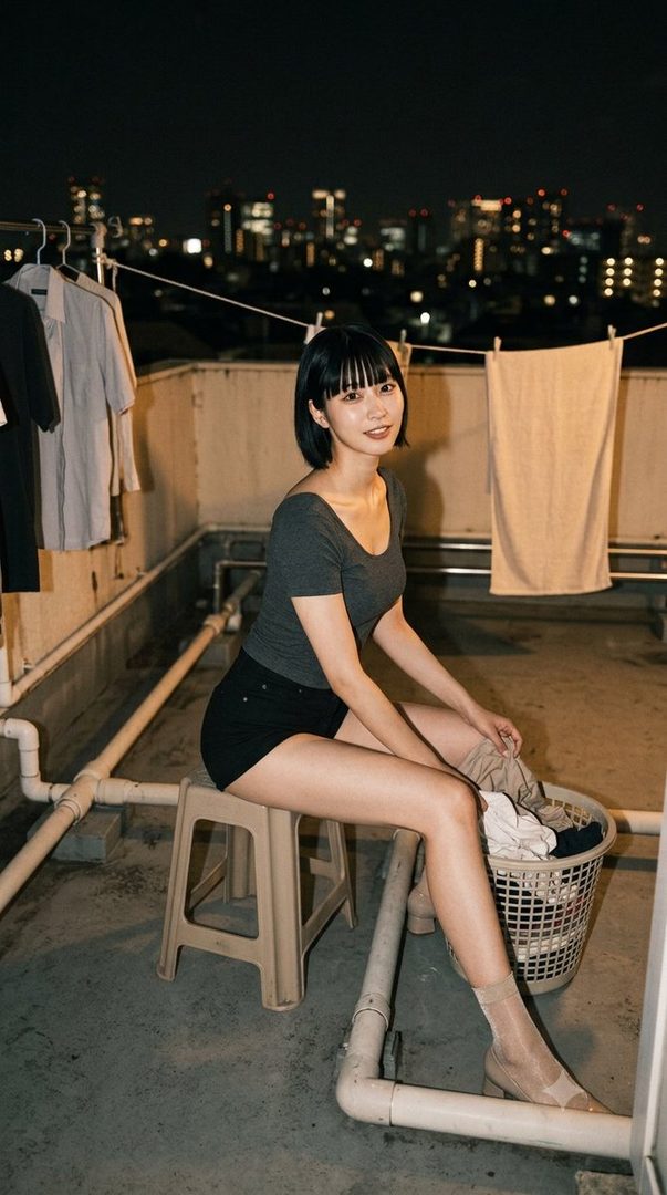A young woman with short black hair sits on a rooftop at night, surrounded by city lights, with laundry hanging in the background.