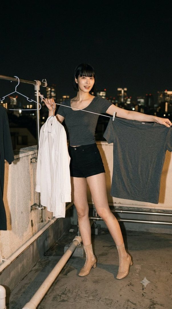 A young woman with short black hair and bangs stands on a rooftop at night, holding clothes on a line with city lights in the background.