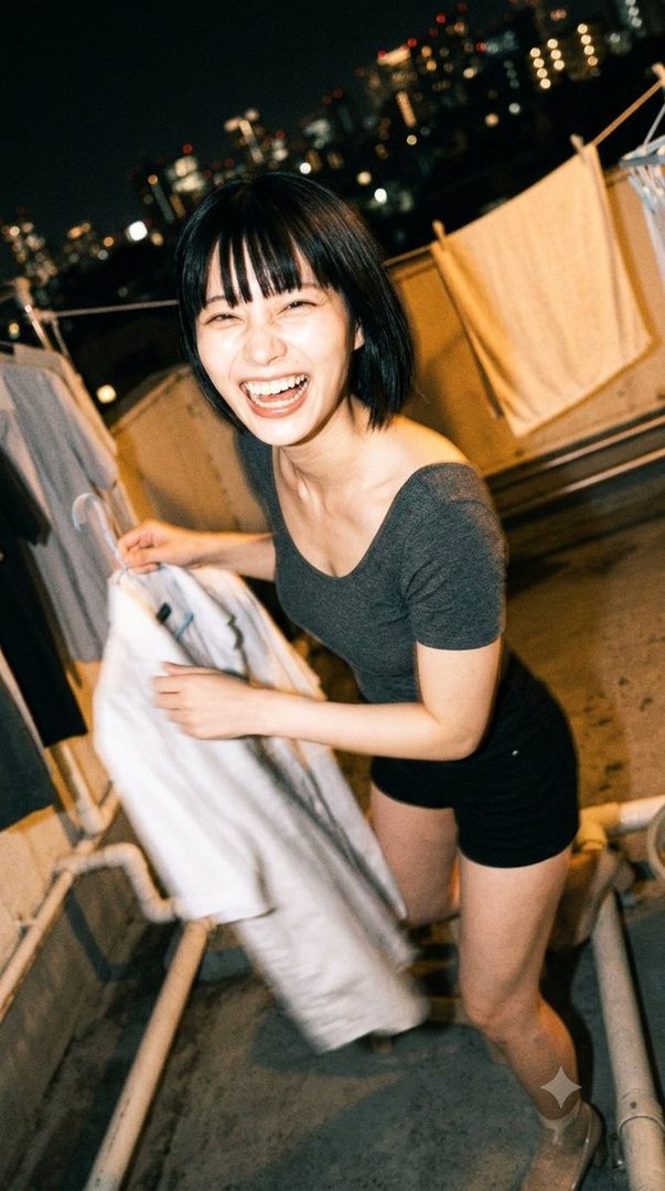 A young woman with short black hair and bangs laughs joyfully while hanging laundry on a rooftop at night, with city lights in the background.