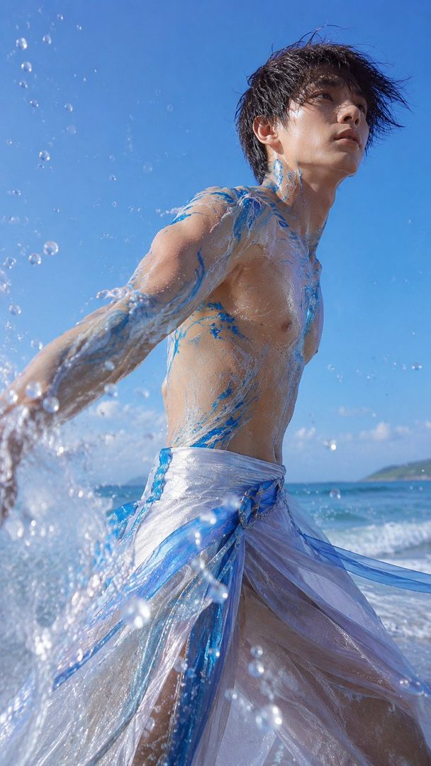 A photorealistic portrait of a man with blue body paint and sheer fabric on a beach with splashing water.