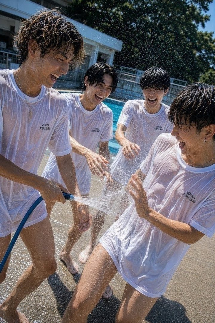 Four young men in white t-shirts are playing with a hose and water by a swimming pool on a sunny day.