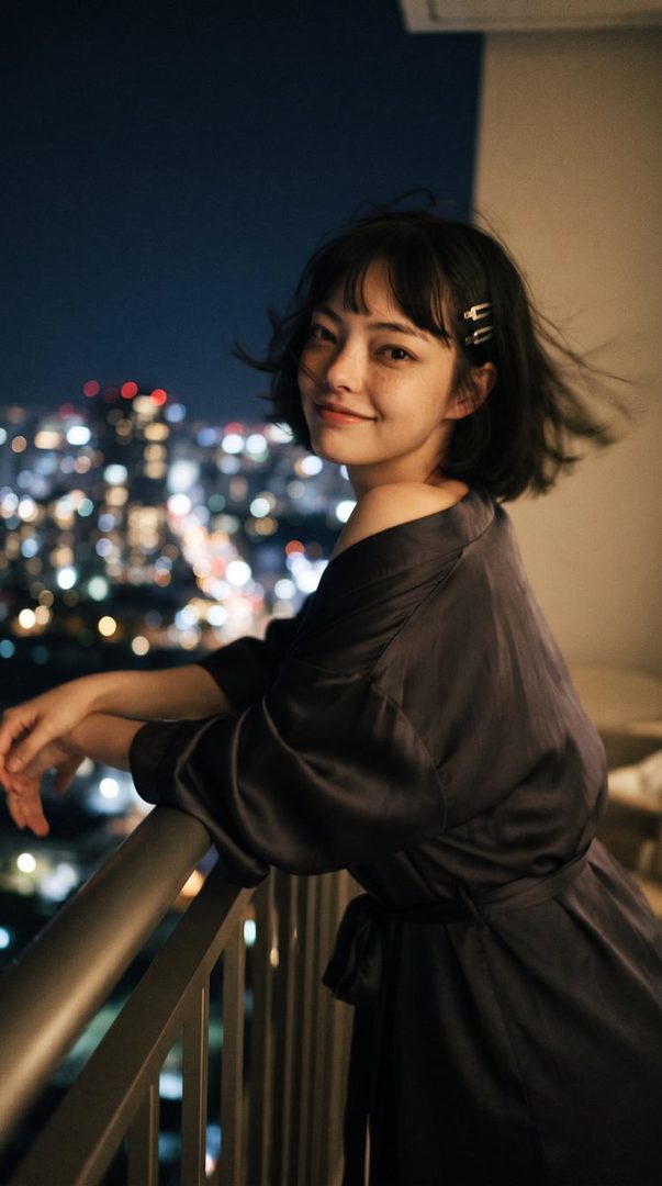 A young woman with short black hair and bangs smiles gently while leaning on a balcony railing at night, with a blurred city lights background.