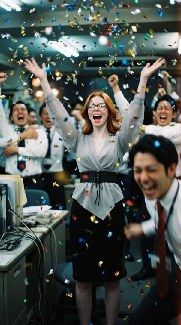 A red-haired woman in an office setting celebrates with arms raised as confetti falls around her and her colleagues.