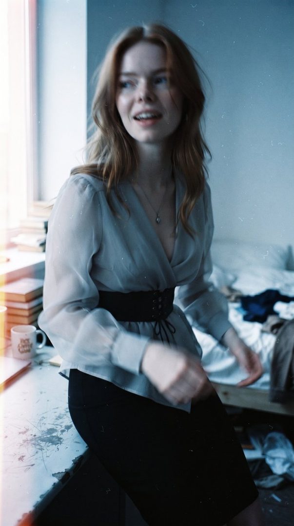 A young woman with long red hair and a sheer blouse with a black corset belt sits indoors, looking to the side with a slight smile.