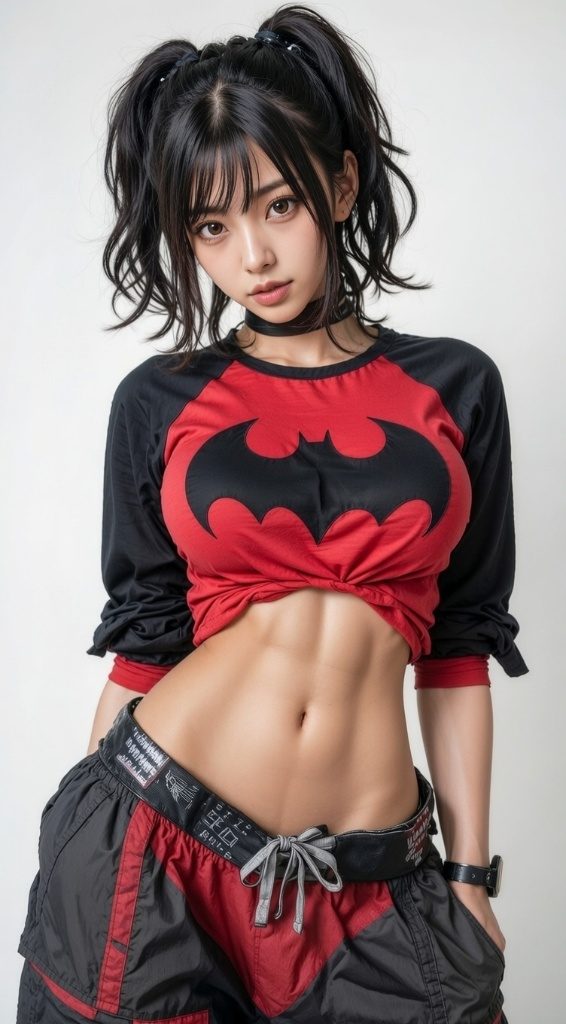 A young woman with black pigtails and bangs wears a red and black cropped t-shirt with a Batman logo, black track pants, and a choker, showing her toned abs in a studio setting.