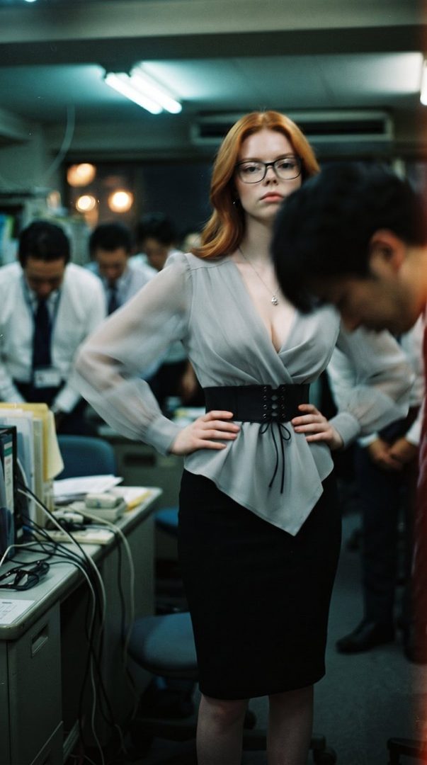 A red-haired woman in glasses and a blouse with a corset-style belt stands in an office, looking directly at the viewer.