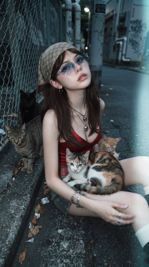 A young woman with long brown hair and sunglasses sits on a street with several cats around her.