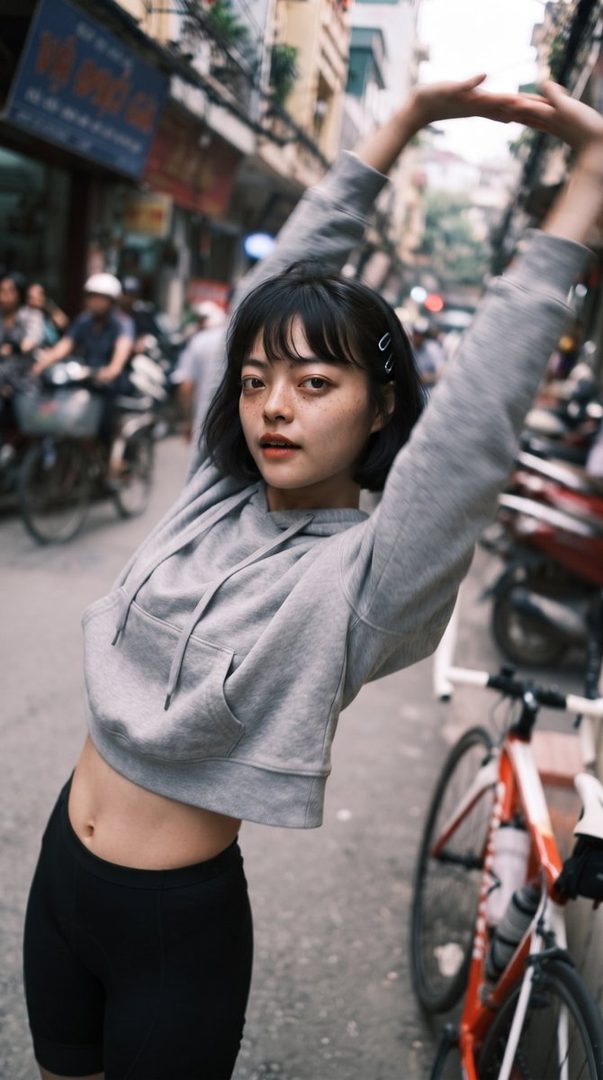 A young woman with short black hair and bangs, wearing a grey cropped hoodie and black shorts, stretches her arms up on a busy street with a bicycle nearby.