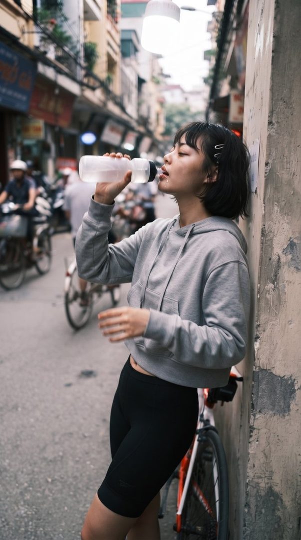 A young woman in a grey hoodie and black shorts drinks from a water bottle on a busy street.