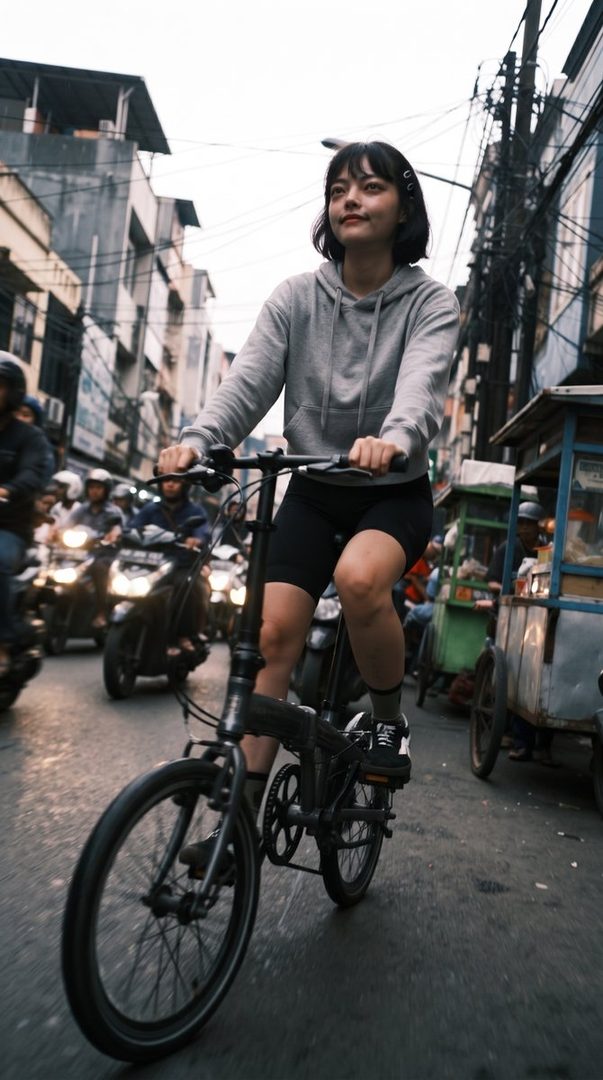 A young woman with short black hair and bangs, wearing a grey hoodie and black shorts, rides a bicycle on a busy street with buildings and other vehicles in the background.