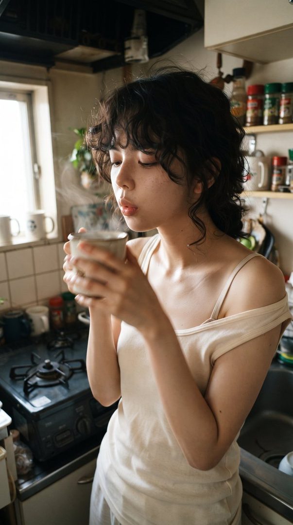 A young woman with curly black hair sips from a steaming mug in a cozy kitchen.