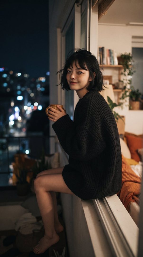 A young woman with short black hair sits by a window at night, holding a mug and smiling softly, with city lights blurred in the background.