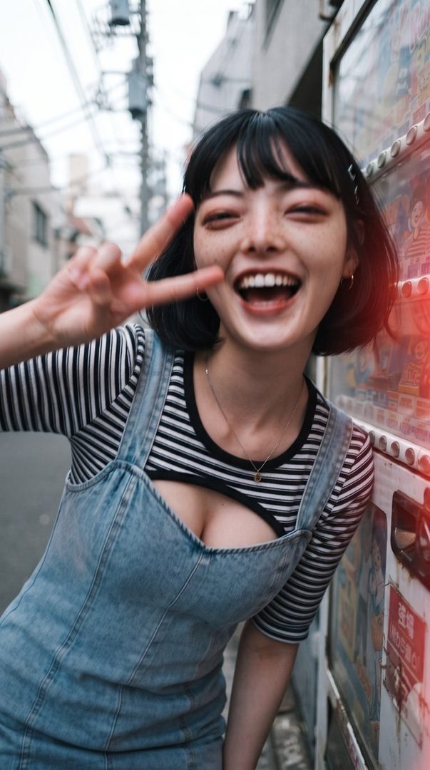 A cheerful East Asian woman with short black hair and bangs, wearing a striped shirt and denim overalls, makes a peace sign and laughs brightly on a city street.