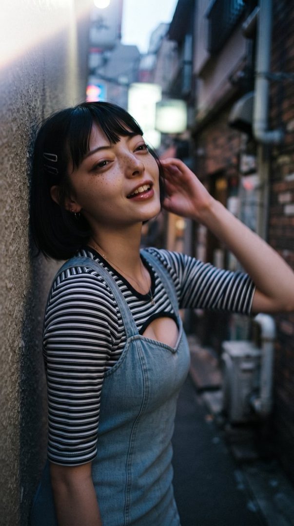 A young woman with short black hair and bangs, wearing a striped shirt and denim overalls, smiles while leaning against a wall in a narrow alleyway.