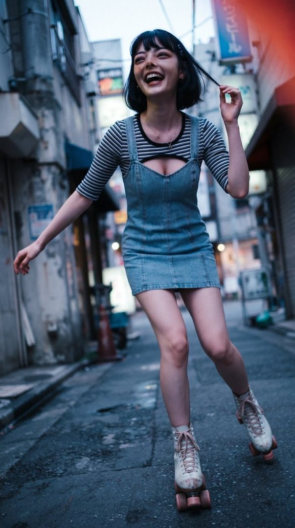 A young woman with short black hair and bangs, wearing a denim overall dress over a striped shirt, roller skates down a narrow city street, laughing joyfully.